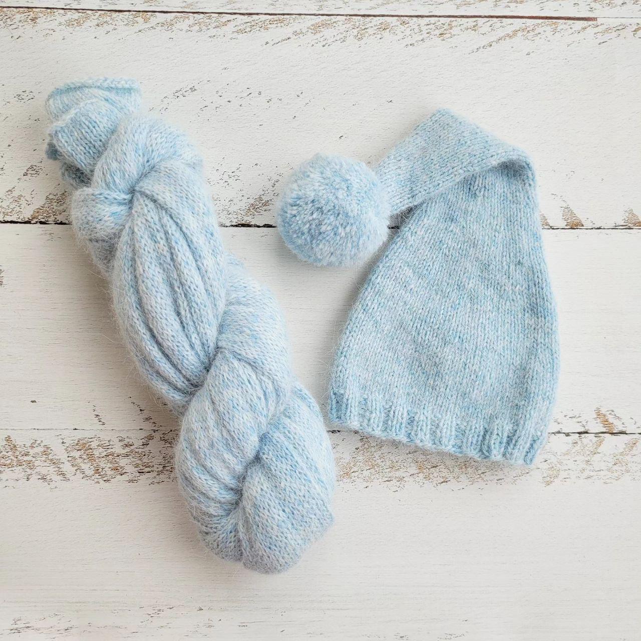 Light Blue Newborn Knitted Wrap annd Bonnet, girl photo props - Image 3
