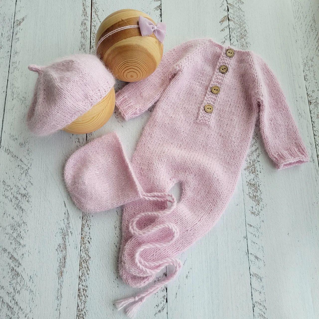 Pink Lilac Newborn Knitted Wrap and Bonnet, girl photo props
