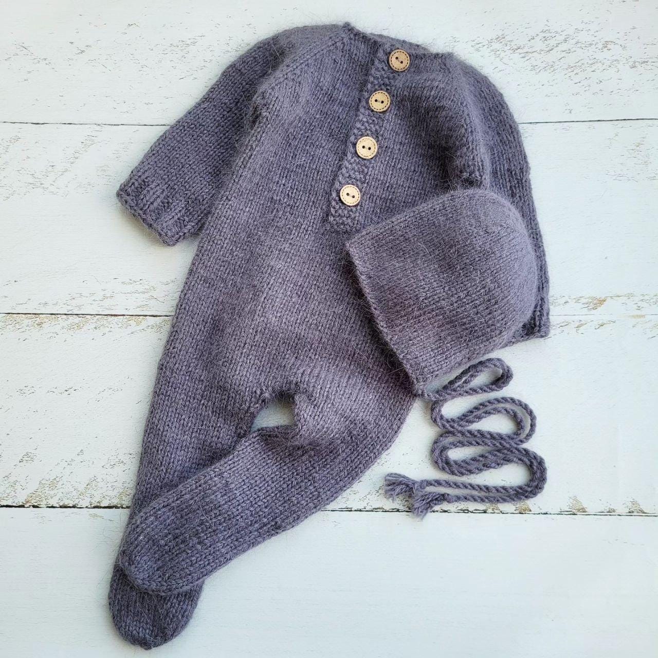Dark Grey Newborn Knitted Wrap and Bonnet, girl photo props - Image 3