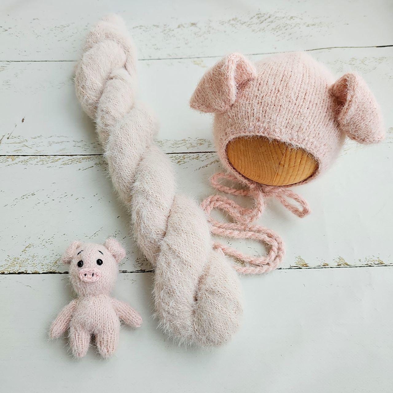 Newborn Pig Photo Prop Set: Hand-Knitted Bonnet, Romper, Wrap & Toy - Image 2