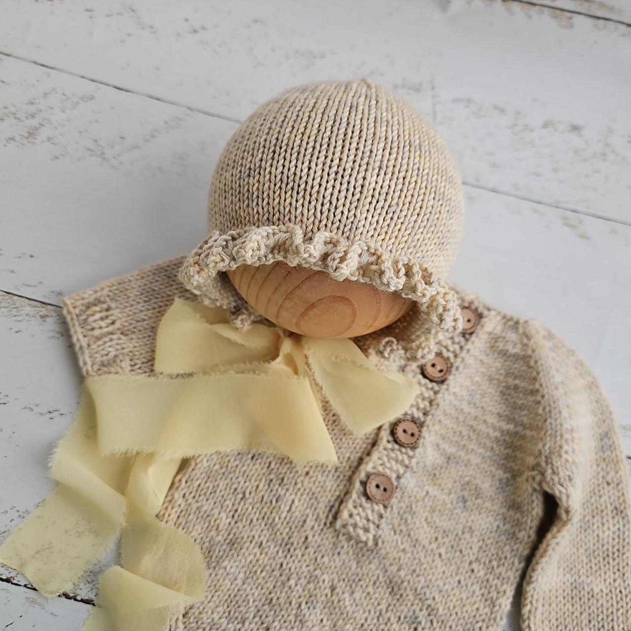 Pale Yellow and Burgundy soft bonnet with romper, Newborn photo props. - Image 2