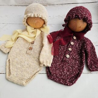 Pale Yellow and Burgundy soft bonnet with romper, Newborn photo props.