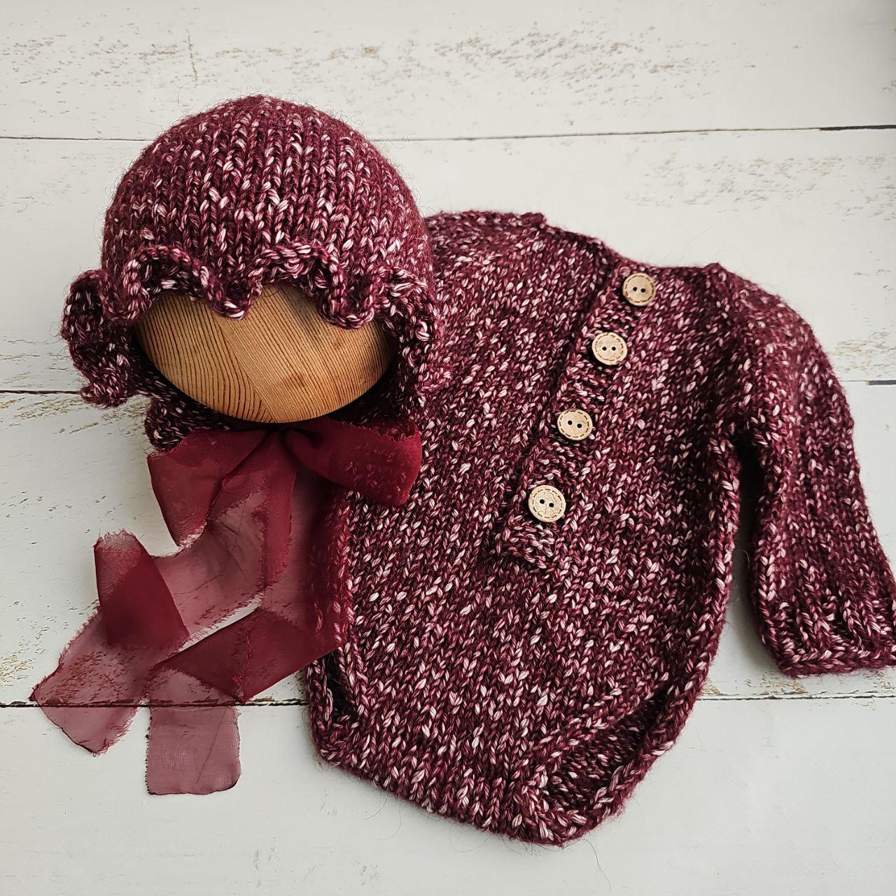 Pale Yellow and Burgundy soft bonnet with romper, Newborn photo props. - Image 5