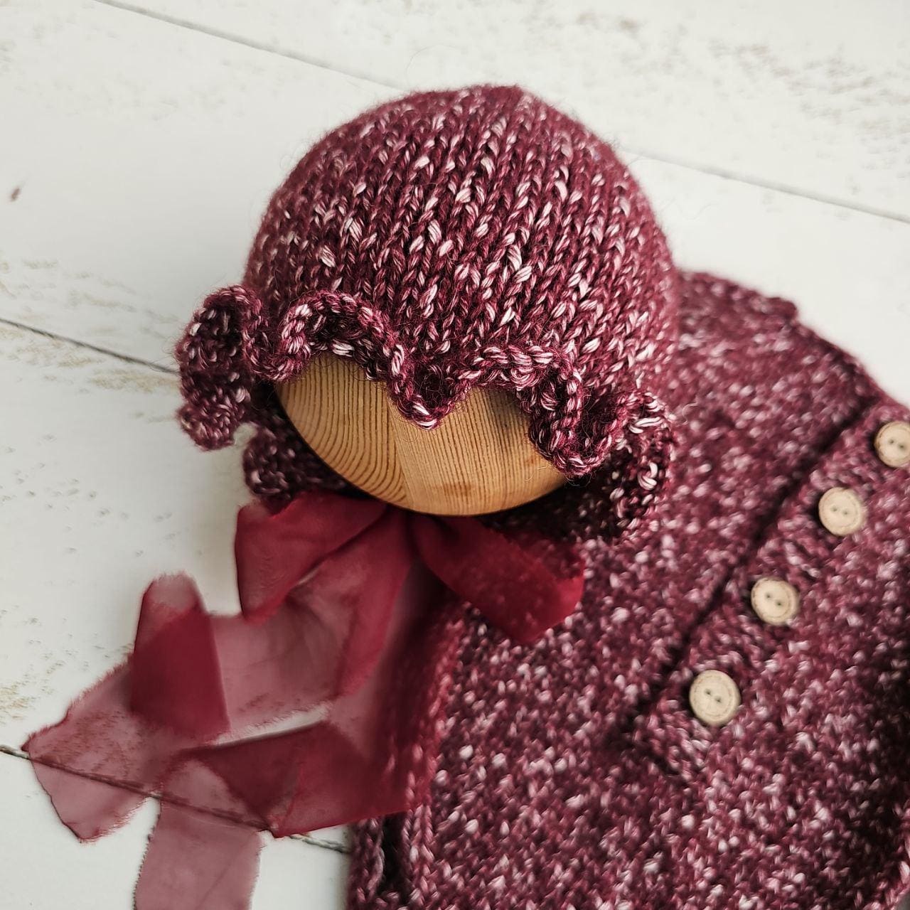 Pale Yellow and Burgundy soft bonnet with romper, Newborn photo props. - Image 3