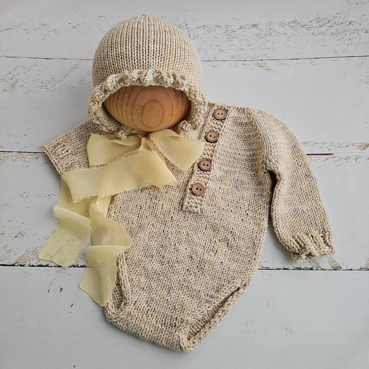 Pale Yellow and Burgundy soft bonnet with romper, Newborn photo props. - Image 4